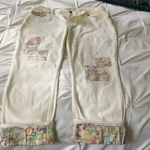 Johnny Was Cream Cropped Jeans with Floral Accents